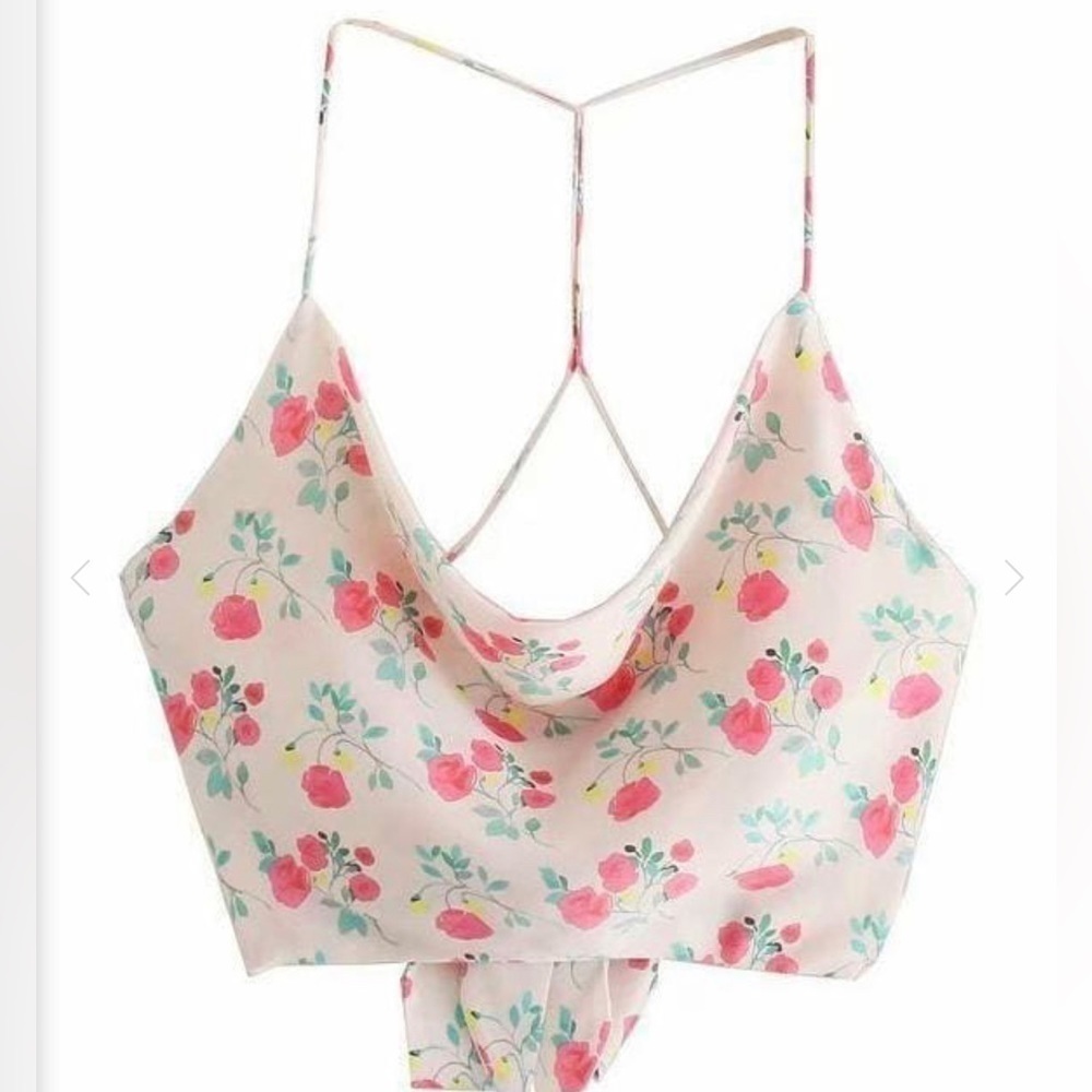ZARA floral silky nwt open back tie crop cowl neck top small